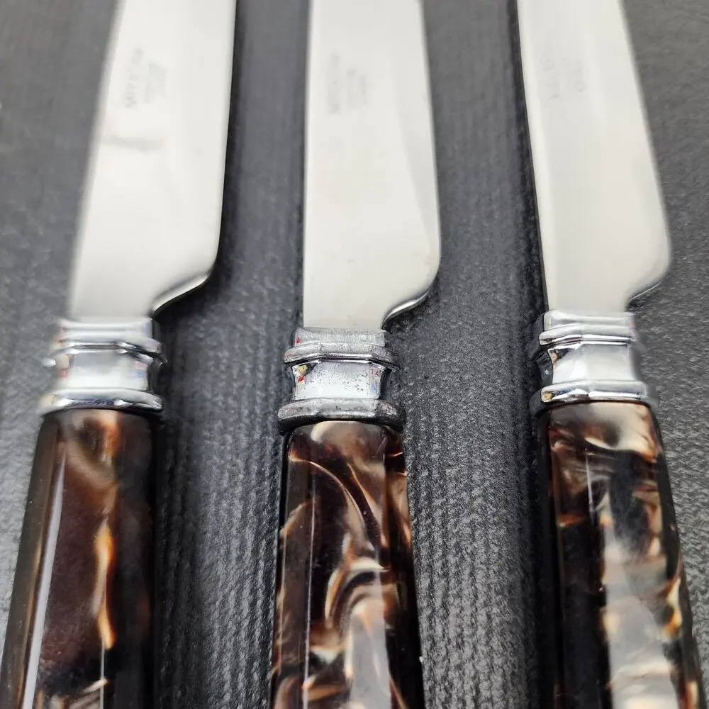 3 MIKASA 18/0 Tortoise Handle Flatware Brown Acrylic Handle Dinner Knives 9.5